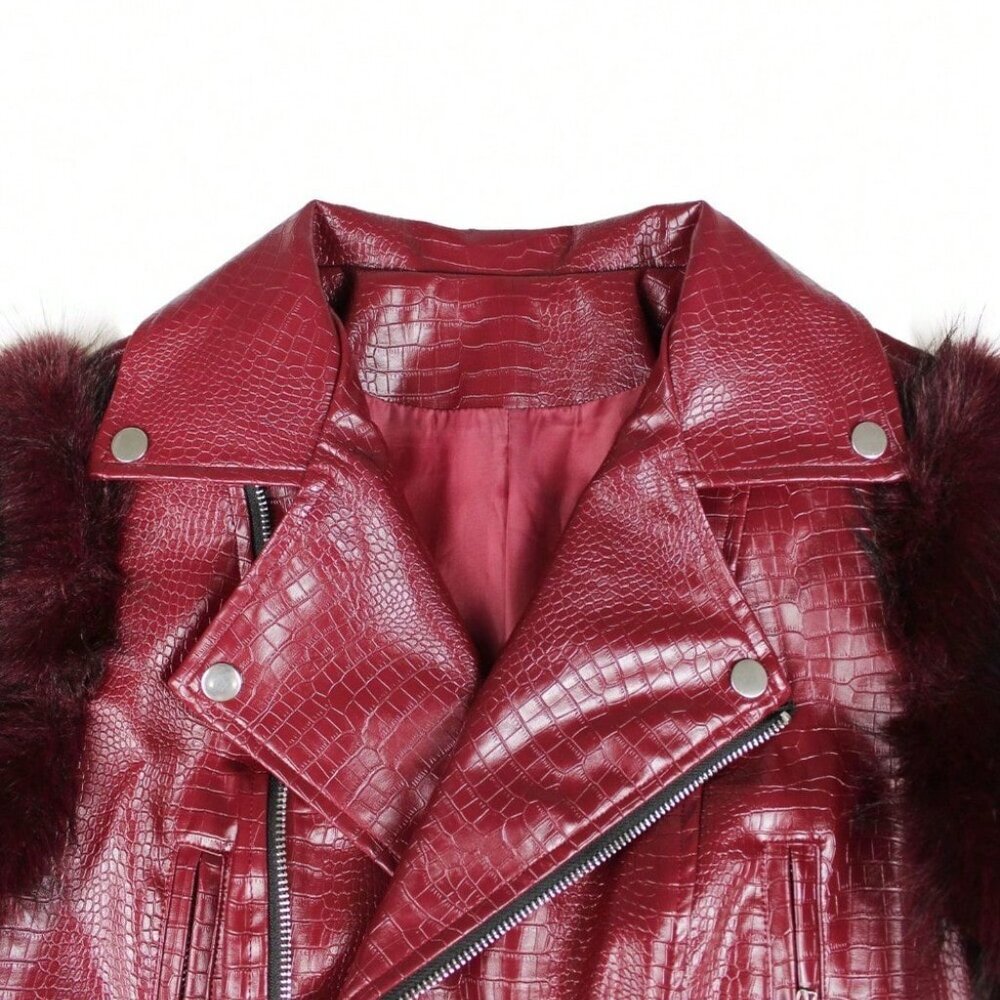 Red Casual Women's Faux Fur Crocodile Print Jacket - Picture 6 of 8